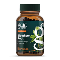 Gaia Herbs envase frontal de Eleuthero Root mostrando etiqueta clara y beneficios