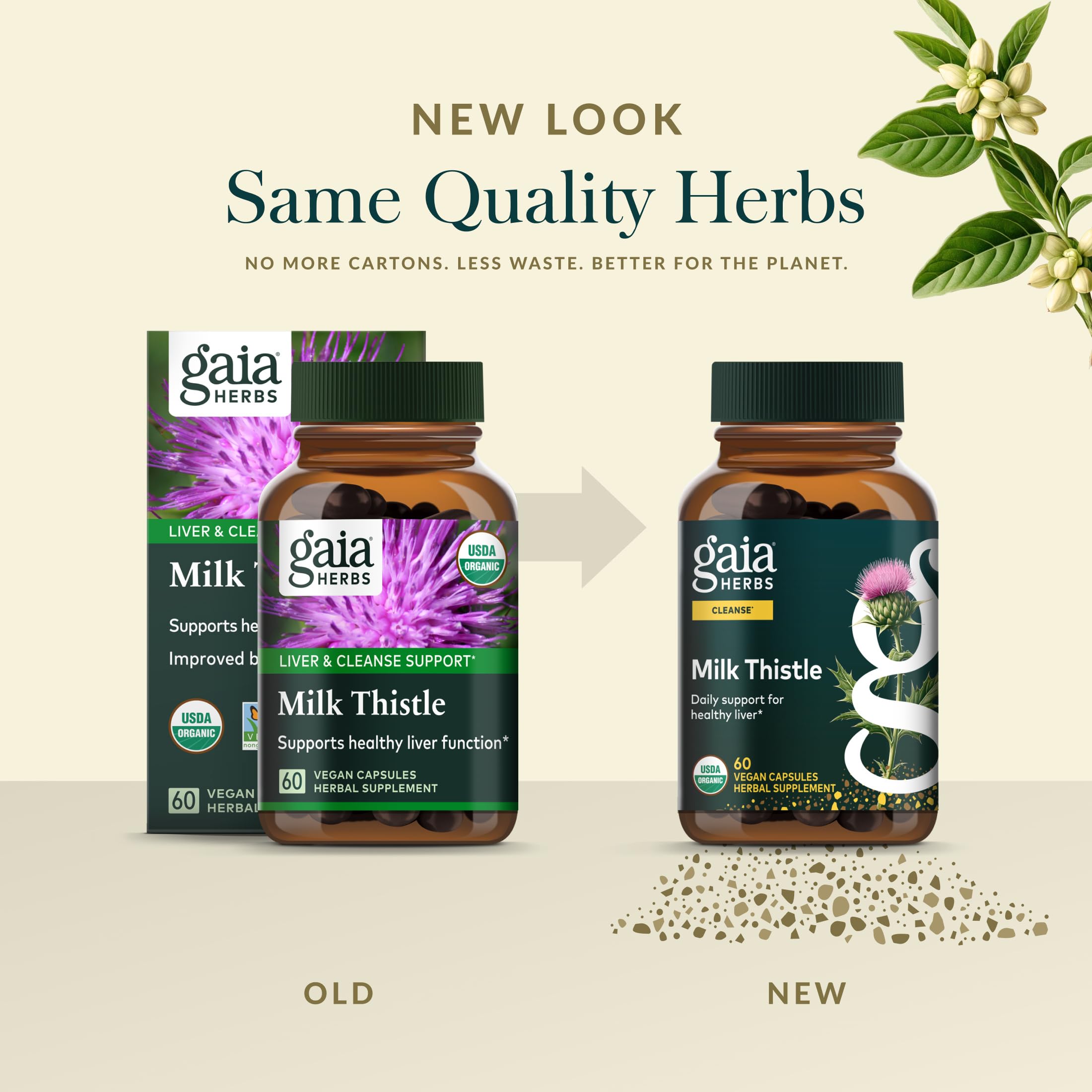 Gaia Herbs frasco en mesa con comida saludable sugiriendo apoyo digestivo