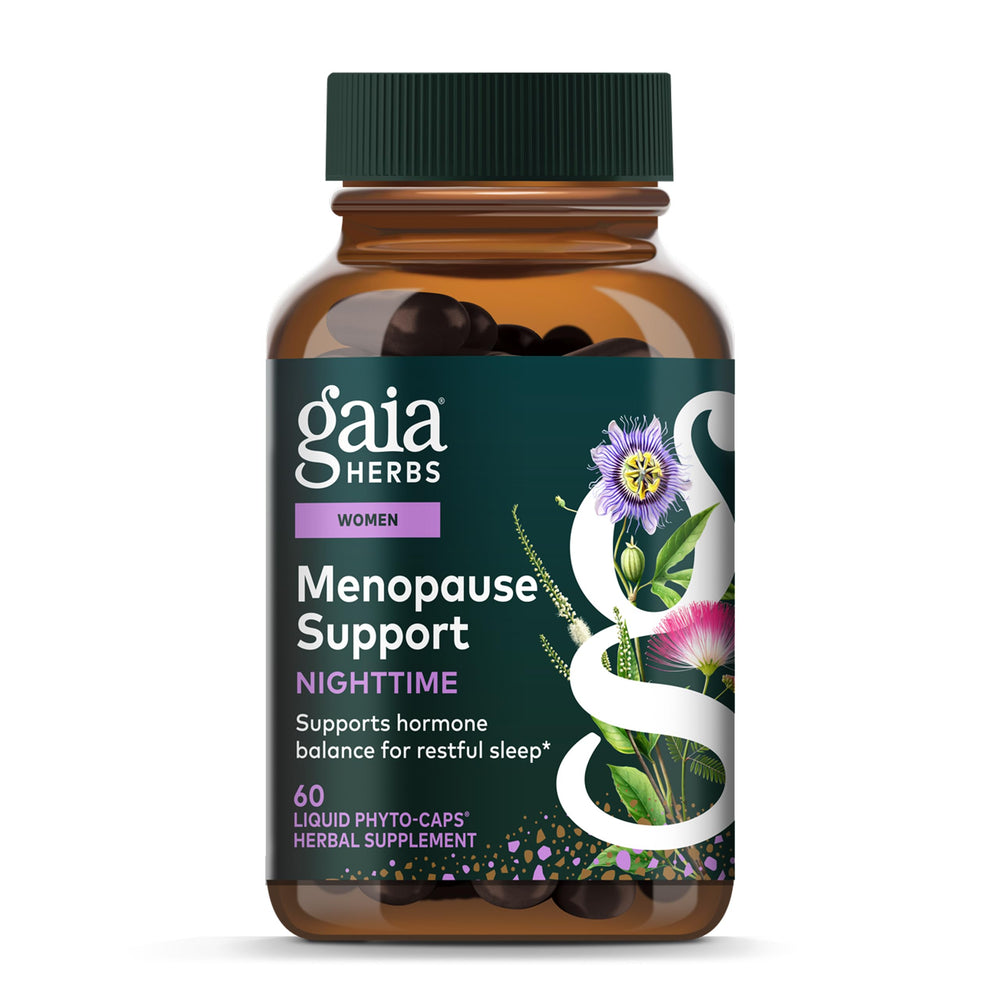 Gaia Herbs envase frontal Menopause Support Nighttime mostrando etiqueta y beneficio descanso