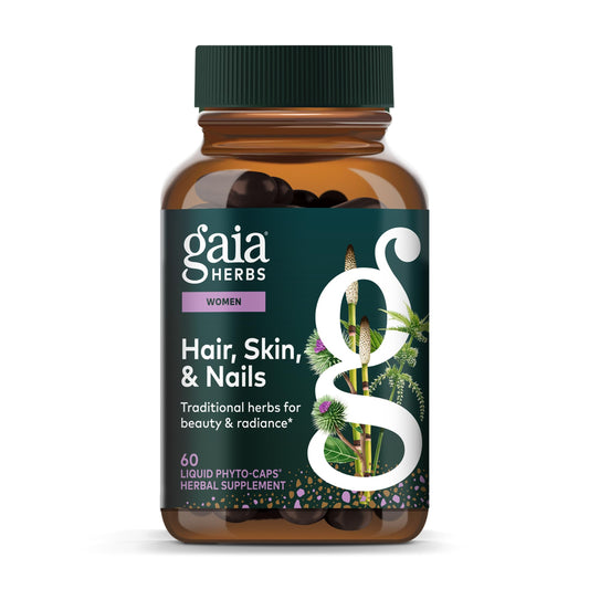 Gaia Herbs envase frontal mostrando diseño y beneficio de soporte capilar