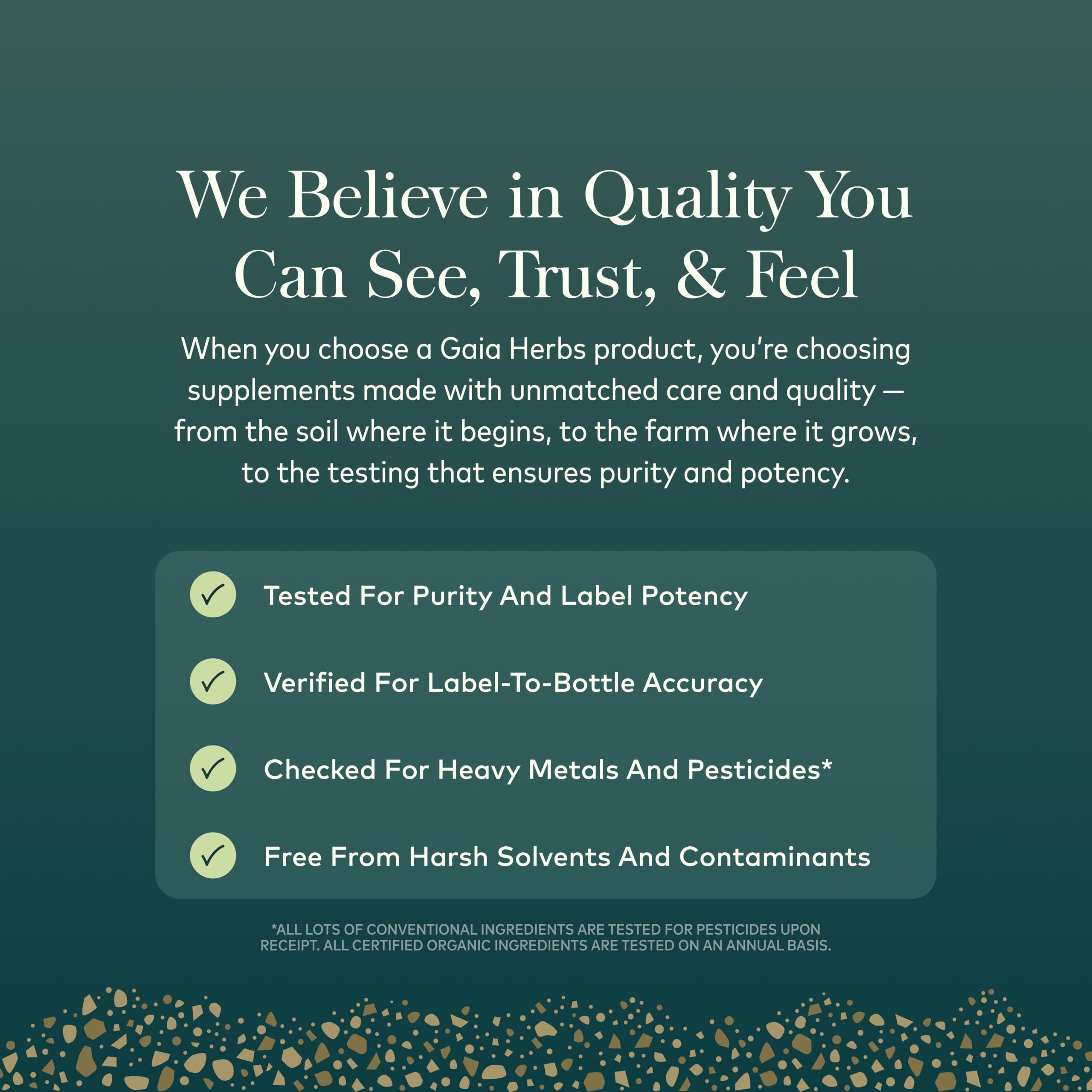 Gaia Herbs etiqueta con sellos USDA Organic y Non-GMO Project para confianza en calidad