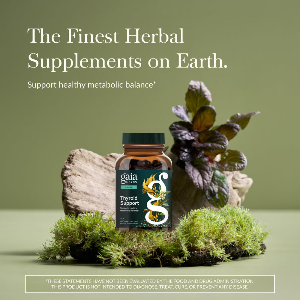 Gaia Herbs primer plano de etiqueta con ingredientes y origen