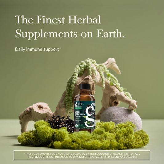 Gaia Herbs etiqueta con detalles de ingredientes y certificación orgánica, aporta confianza