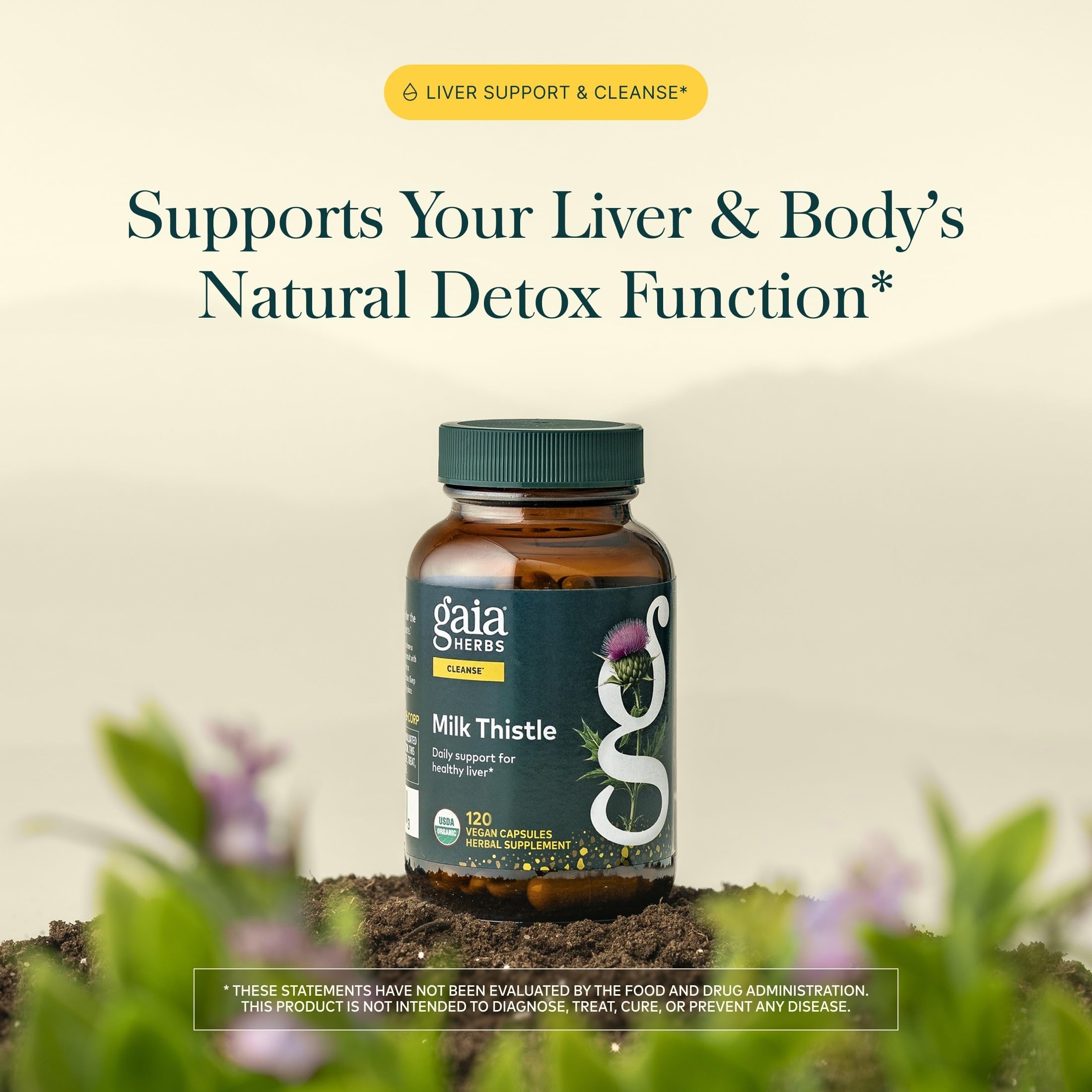 Gaia Herbs etiqueta principal, información clara y beneficios visibles