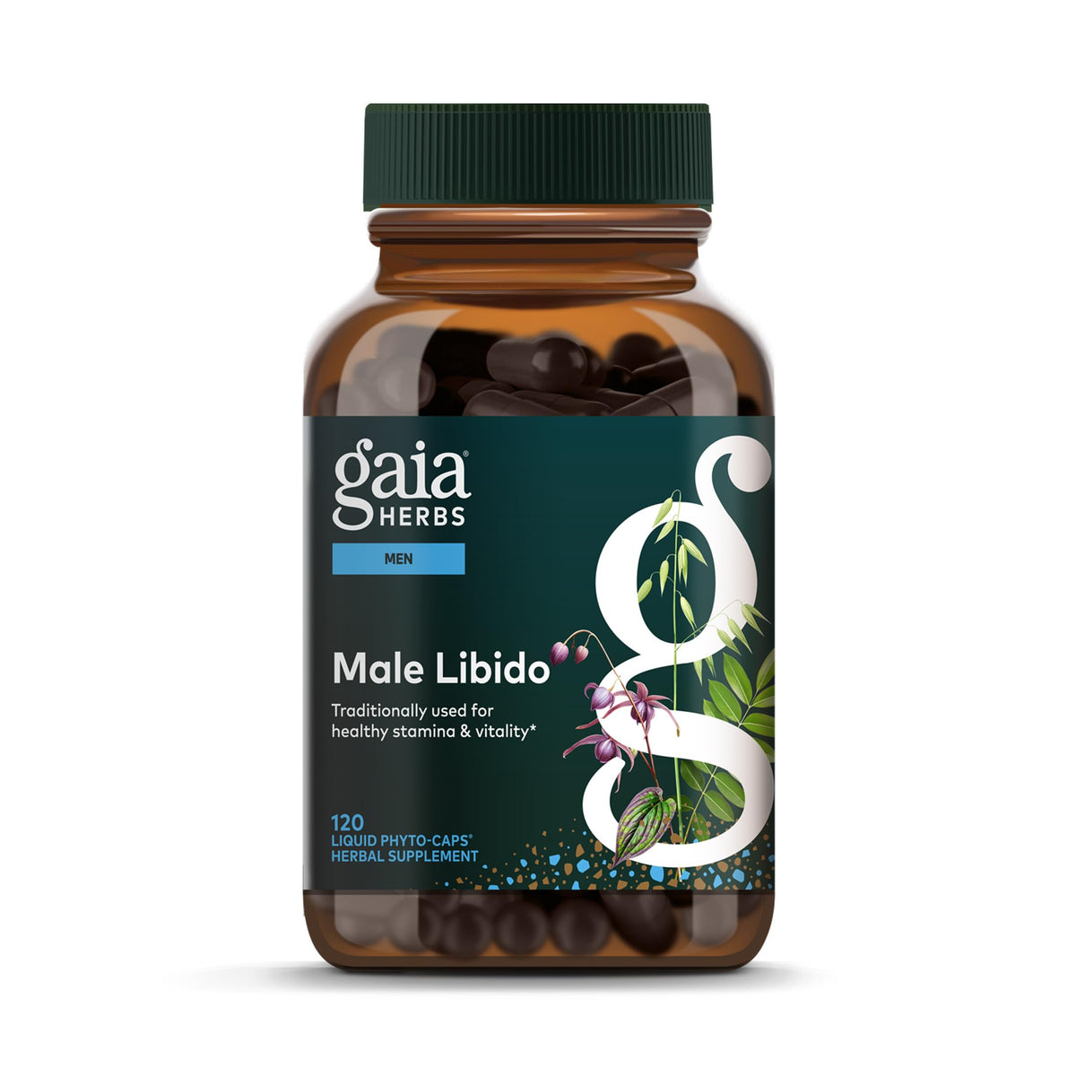 Gaia Herbs frasco delantero mostrando etiqueta y tamaño, confianza en calidad
