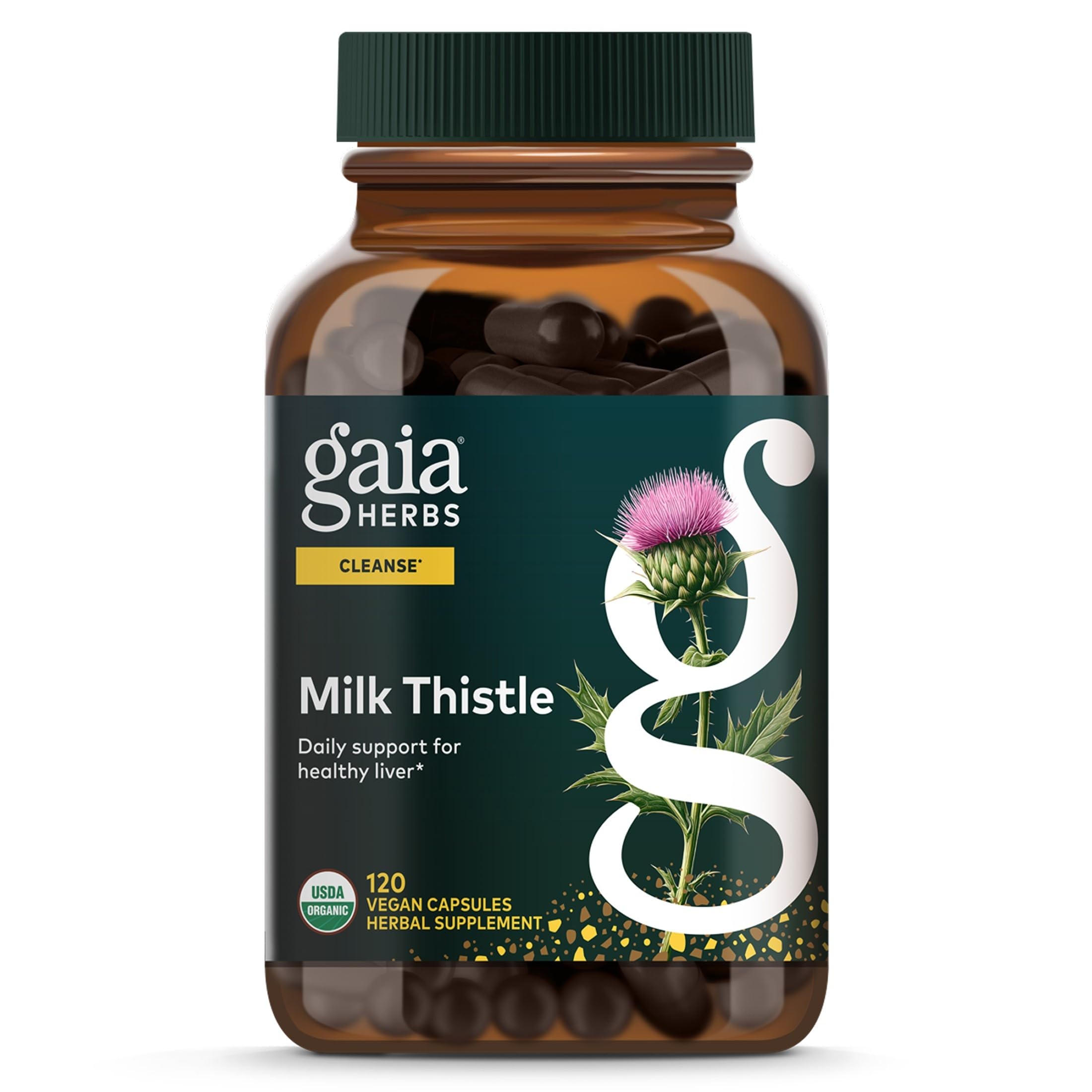 Gaia Herbs frasco delantero, presentación clara y fácil de identificar