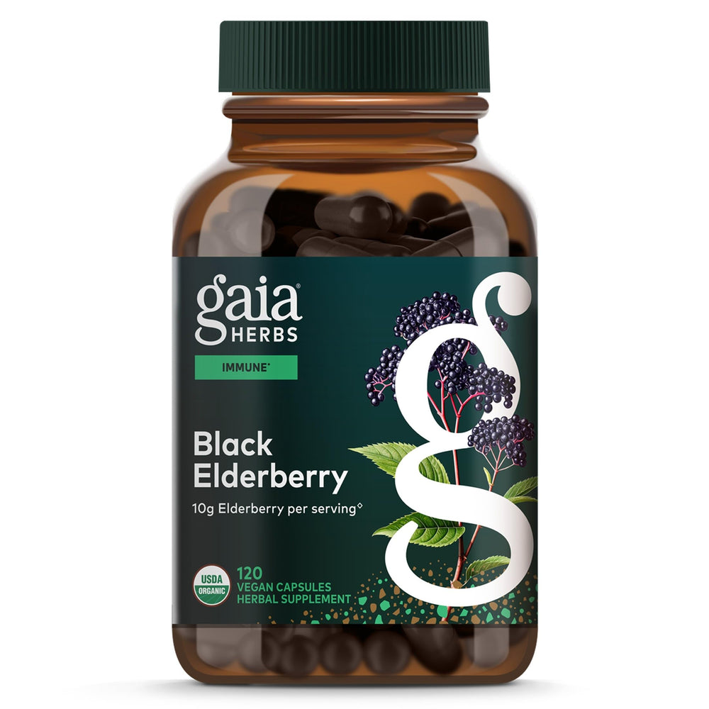 Gaia Herbs frasco delantero mostrando diseño y beneficio de apoyo inmune
