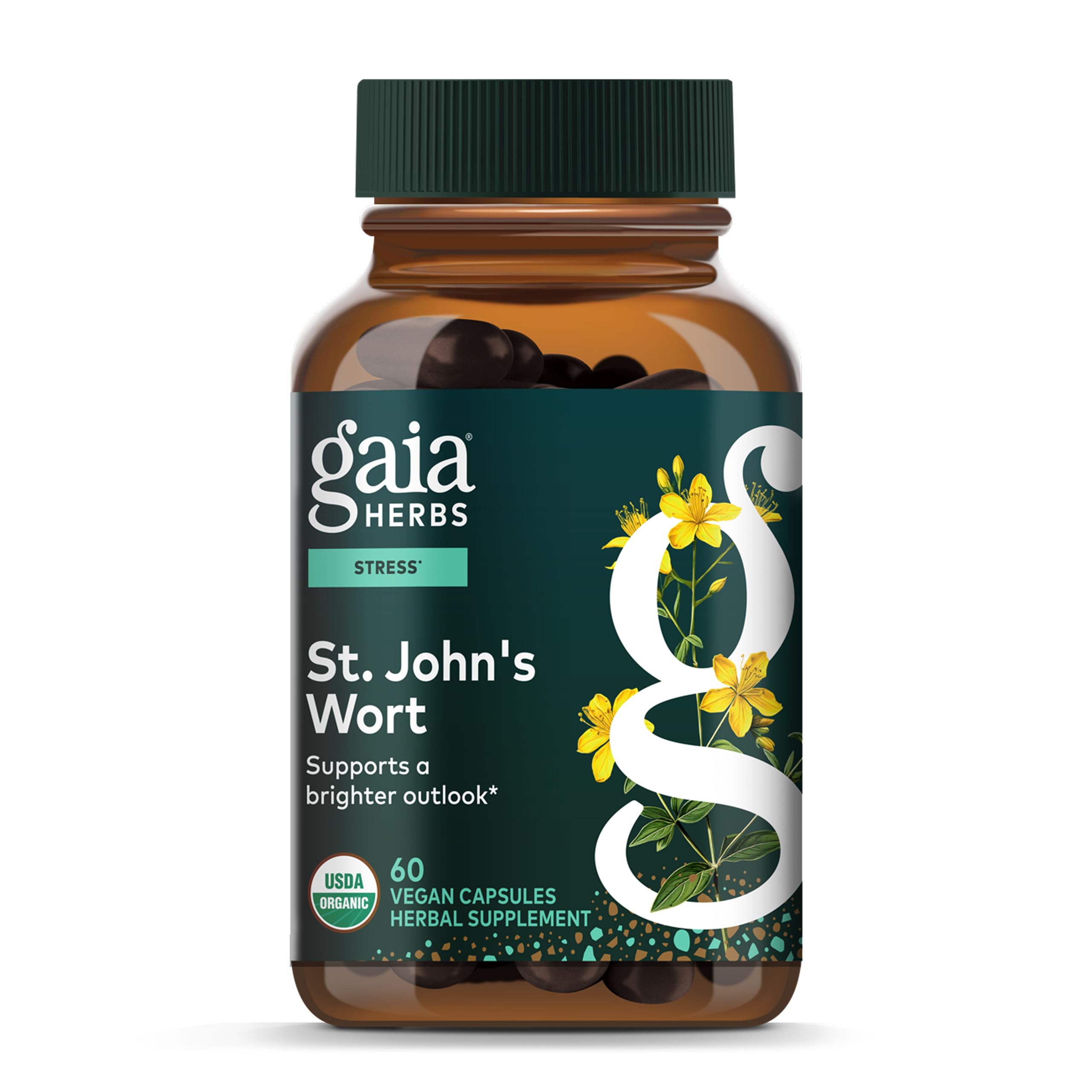 Gaia Herbs frasco delantero mostrando etiqueta y beneficios visuales