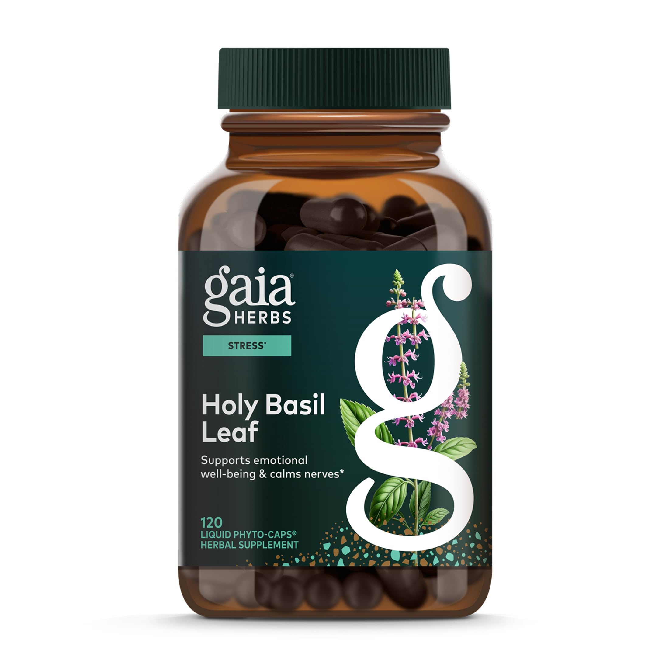Gaia Herbs frasco frente mostrando diseño y cantidad, confianza en calidad