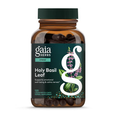 Gaia Herbs frasco frente mostrando diseño y cantidad, confianza en calidad