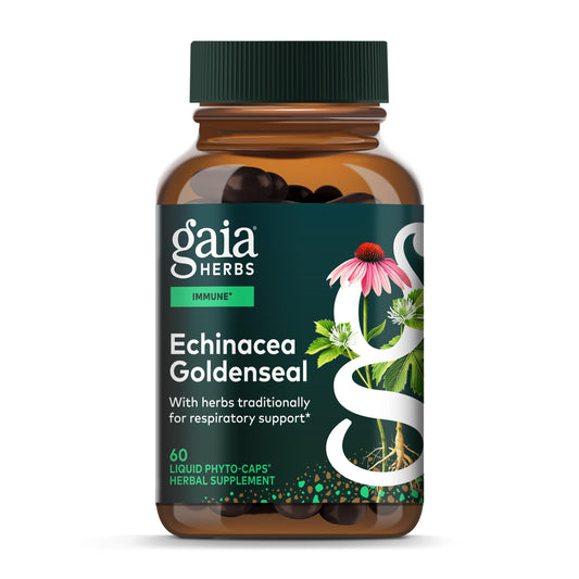 Gaia Herbs frasco frontal mostrando la fórmula para soporte respiratorio y confianza