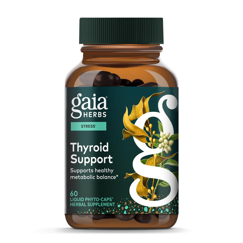 Gaia Herbs frasco frontal mostrando etiquetas y beneficios