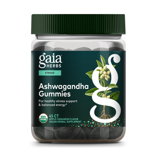 Gaia Herbs frasco frontal mostrando etiqueta y beneficios