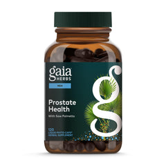 Gaia Herbs frasco Prostate Health en primer plano mostrando el envase y beneficio de apoyo prostático