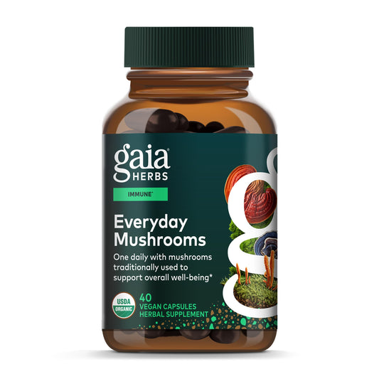 Gaia Herbs empaque frontal mostrando cápsulas veganas y beneficios claros
