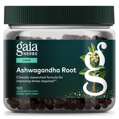 Gaia Herbs frente del envase mostrando 180 cápsulas y beneficio de equilibrio