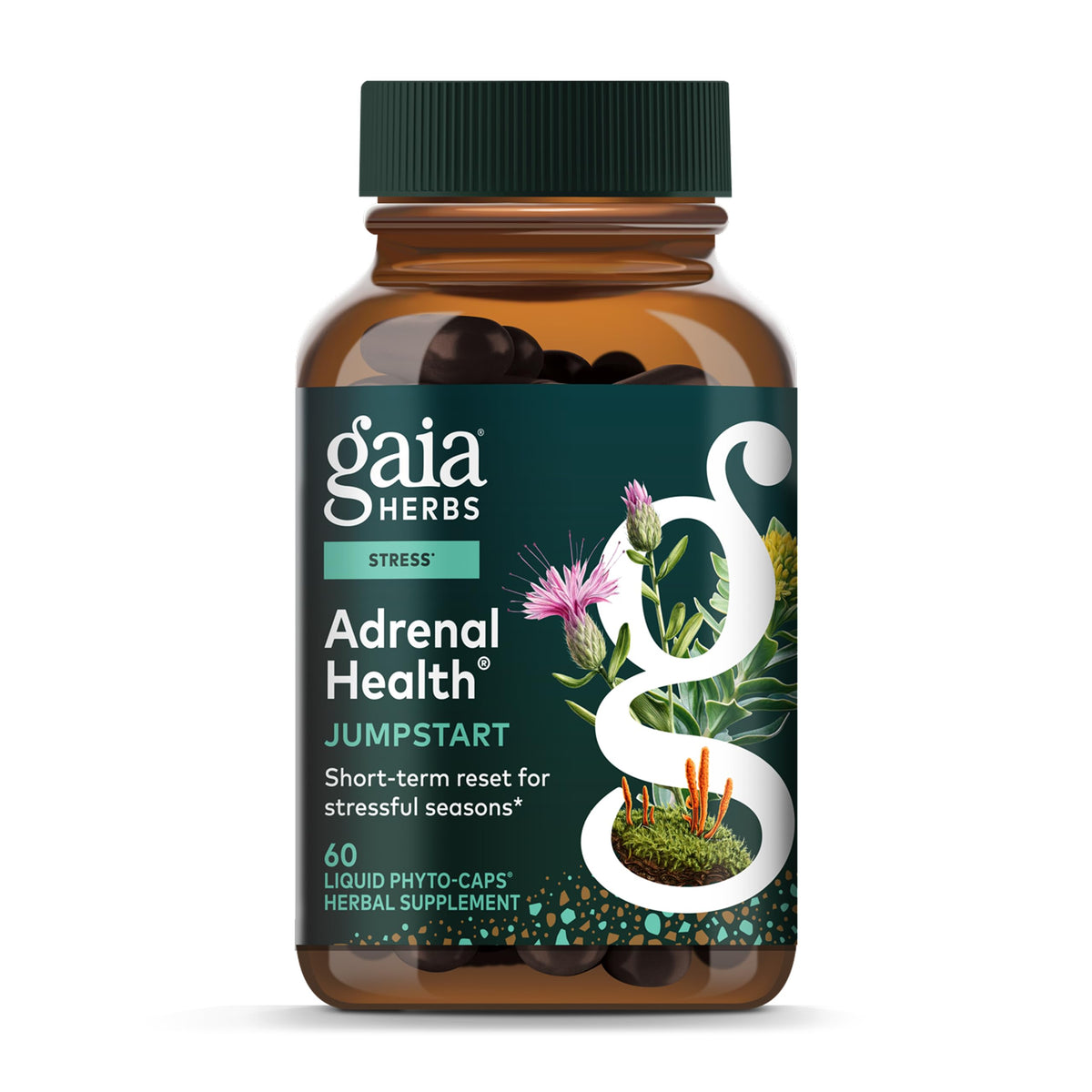 Gaia Herbs envase frontal que muestra nombre y diseño, transmite confianza