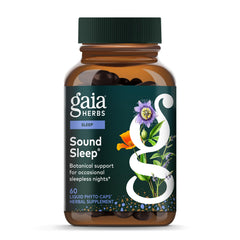 Gaia Herbs envase frontal mostrando la fórmula y beneficio relajante