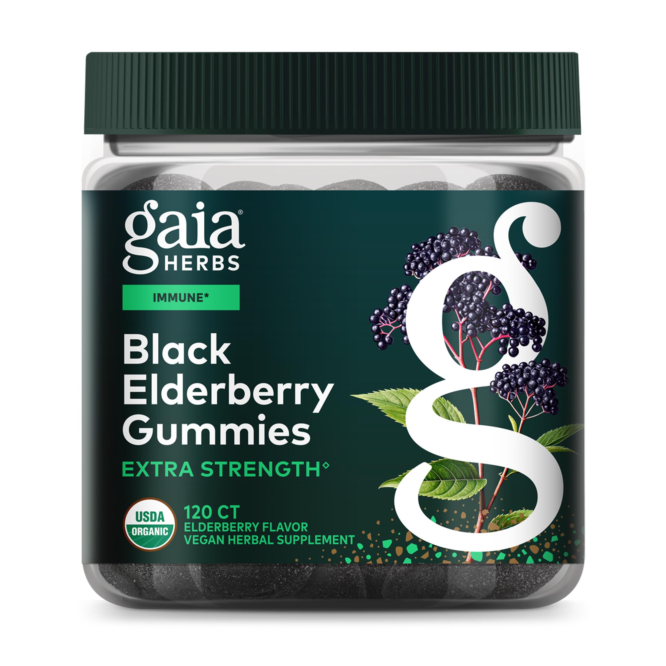Gaia Herbs envase frontal de gomitas elderberry mostrando diseño y beneficio orgánico