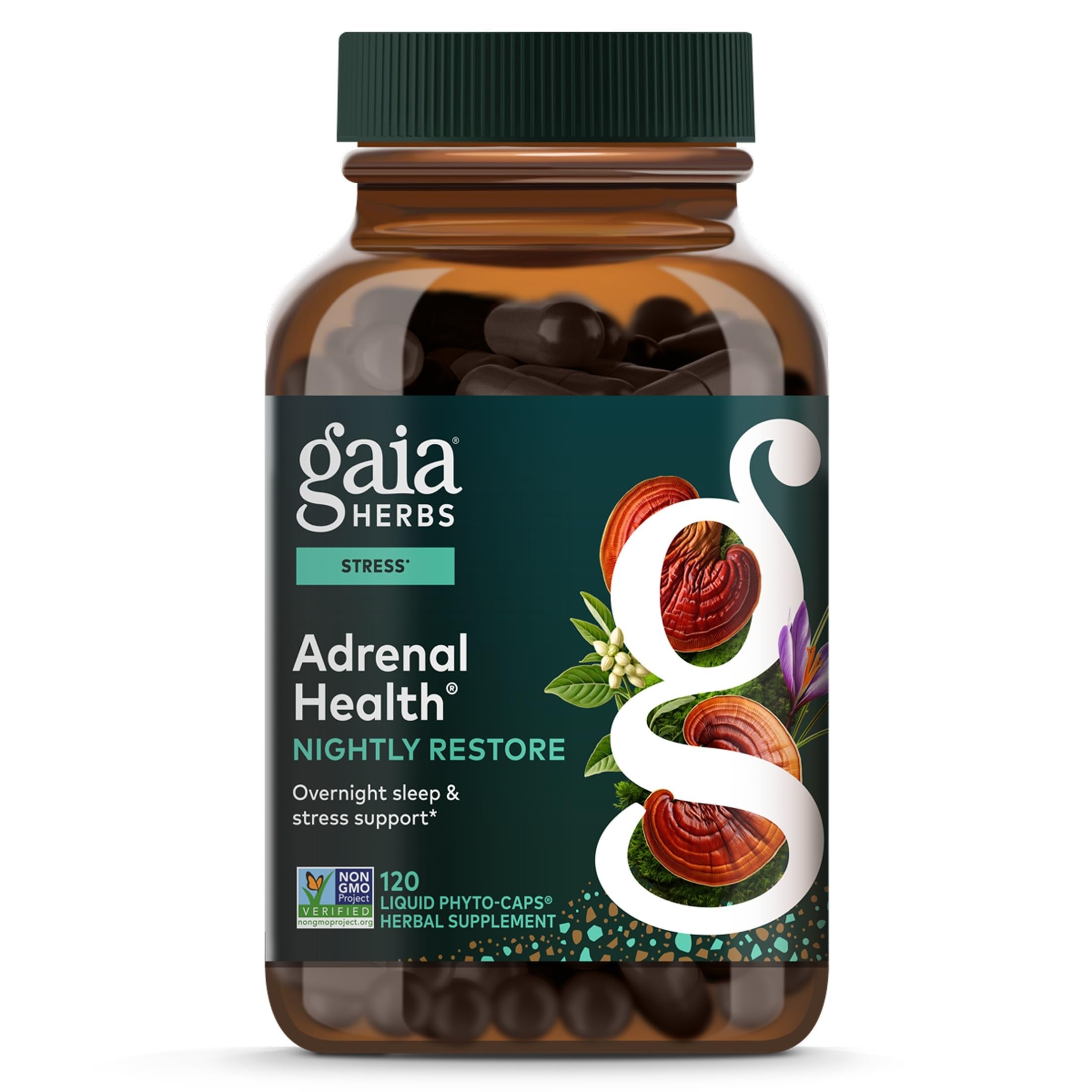 Gaia Herbs frontal del envase mostrando la fórmula Nightly Restore y confianza