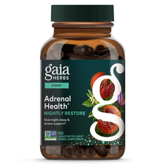 Gaia Herbs frontal del envase mostrando la fórmula Nightly Restore y confianza