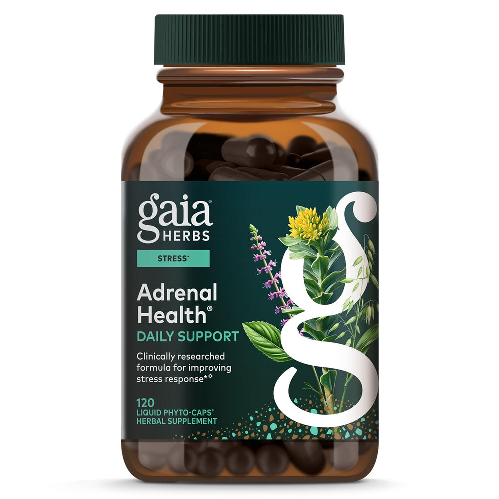 Gaia Herbs envase frontal Adrenal Health muestra información clara y confianza