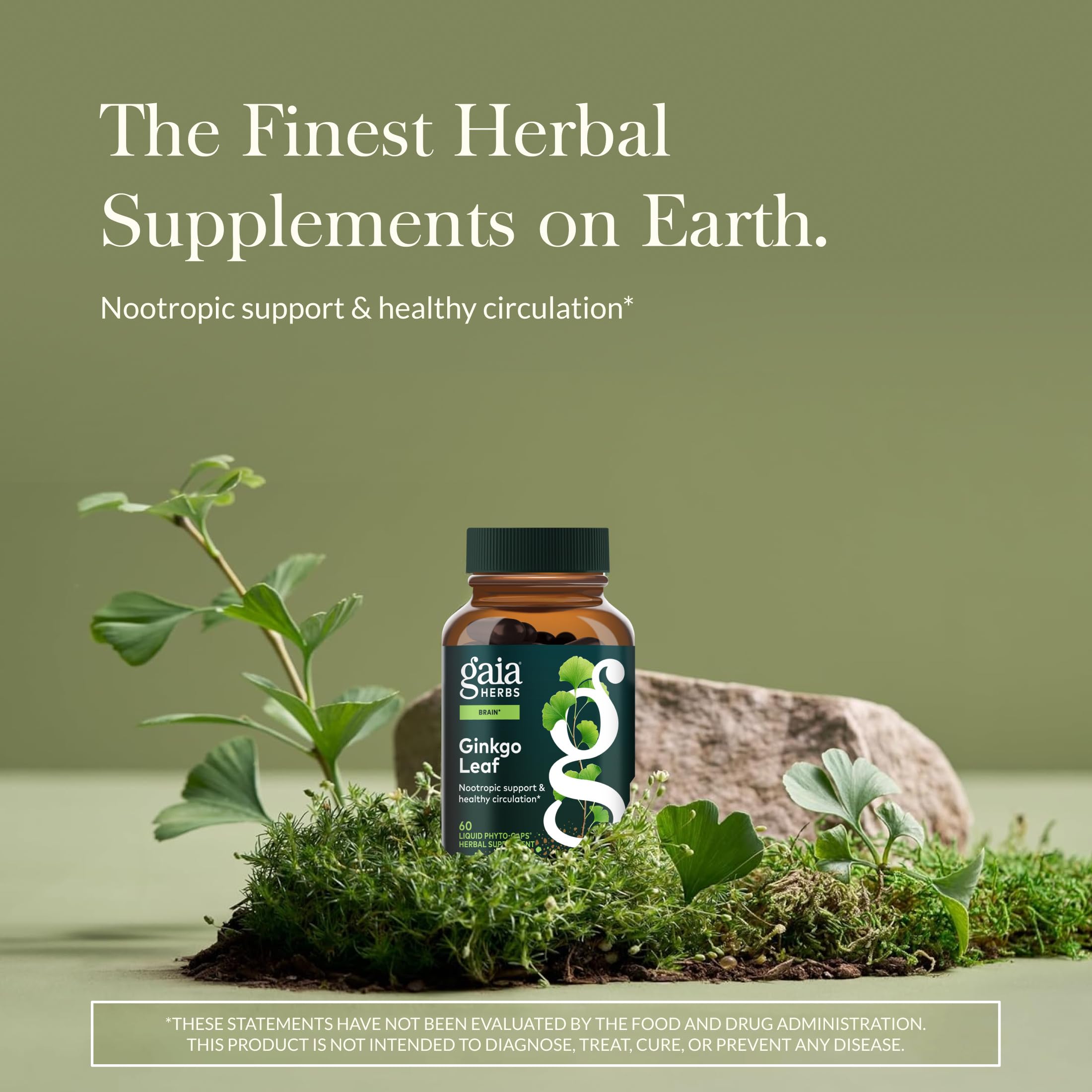 Detalle de la etiqueta Gaia Herbs que destaca calidad y pureza