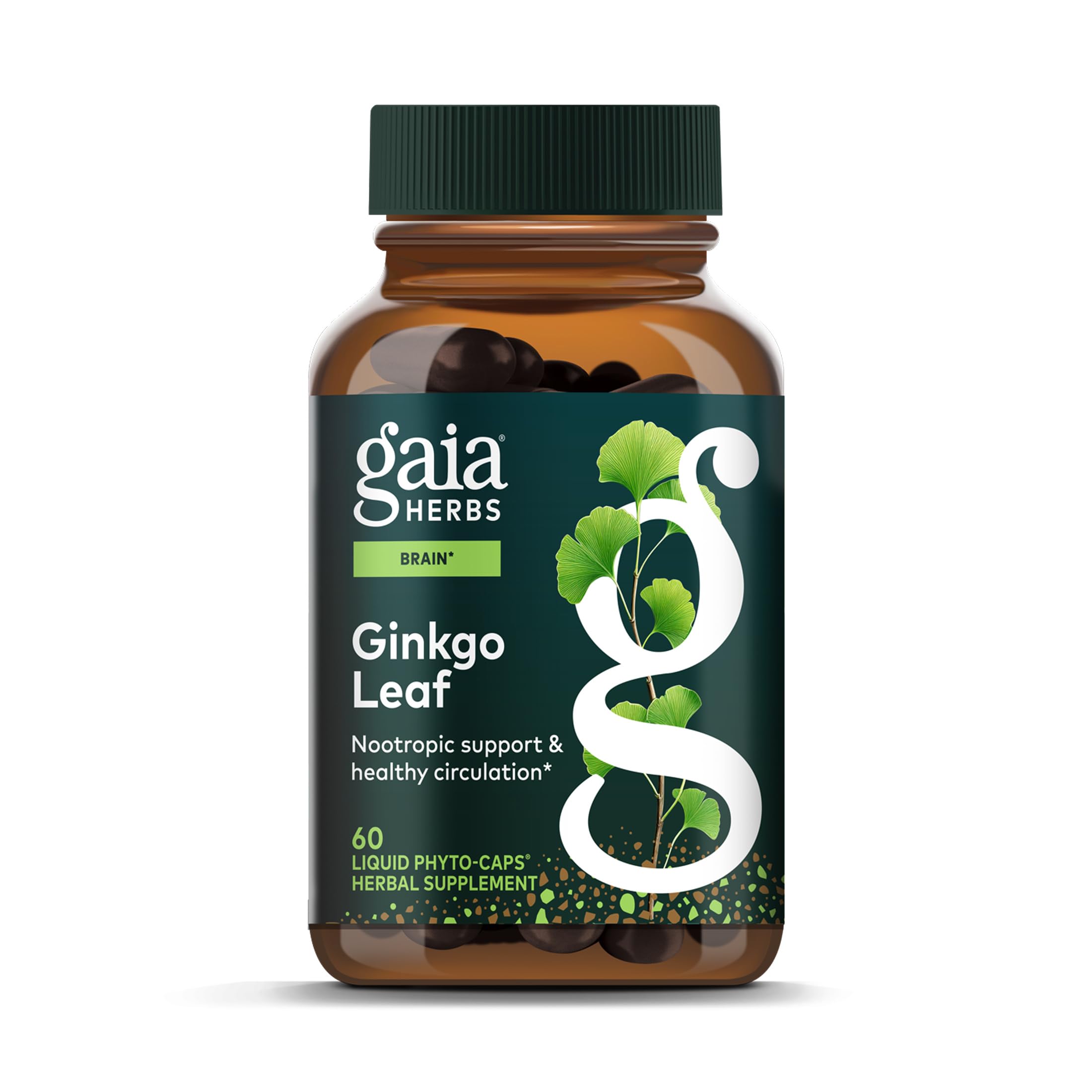 Gaia Herbs envase frontal mostrando ginkgo y beneficio circulatorio