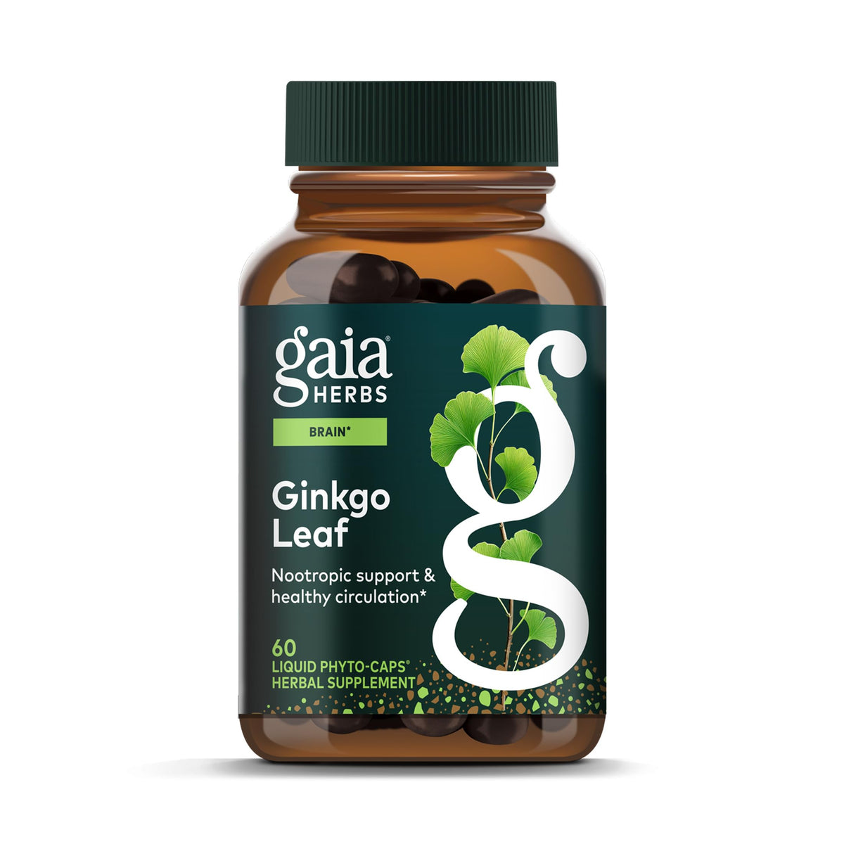 Gaia Herbs envase frontal mostrando ginkgo y beneficio circulatorio