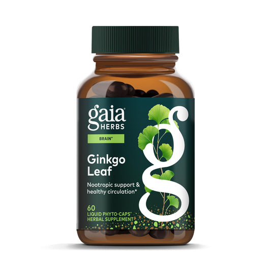Gaia Herbs envase frontal mostrando ginkgo y beneficio circulatorio