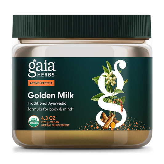 Gaia Herbs envase frontal mostrando el producto y sus certificaciones beneficiosas