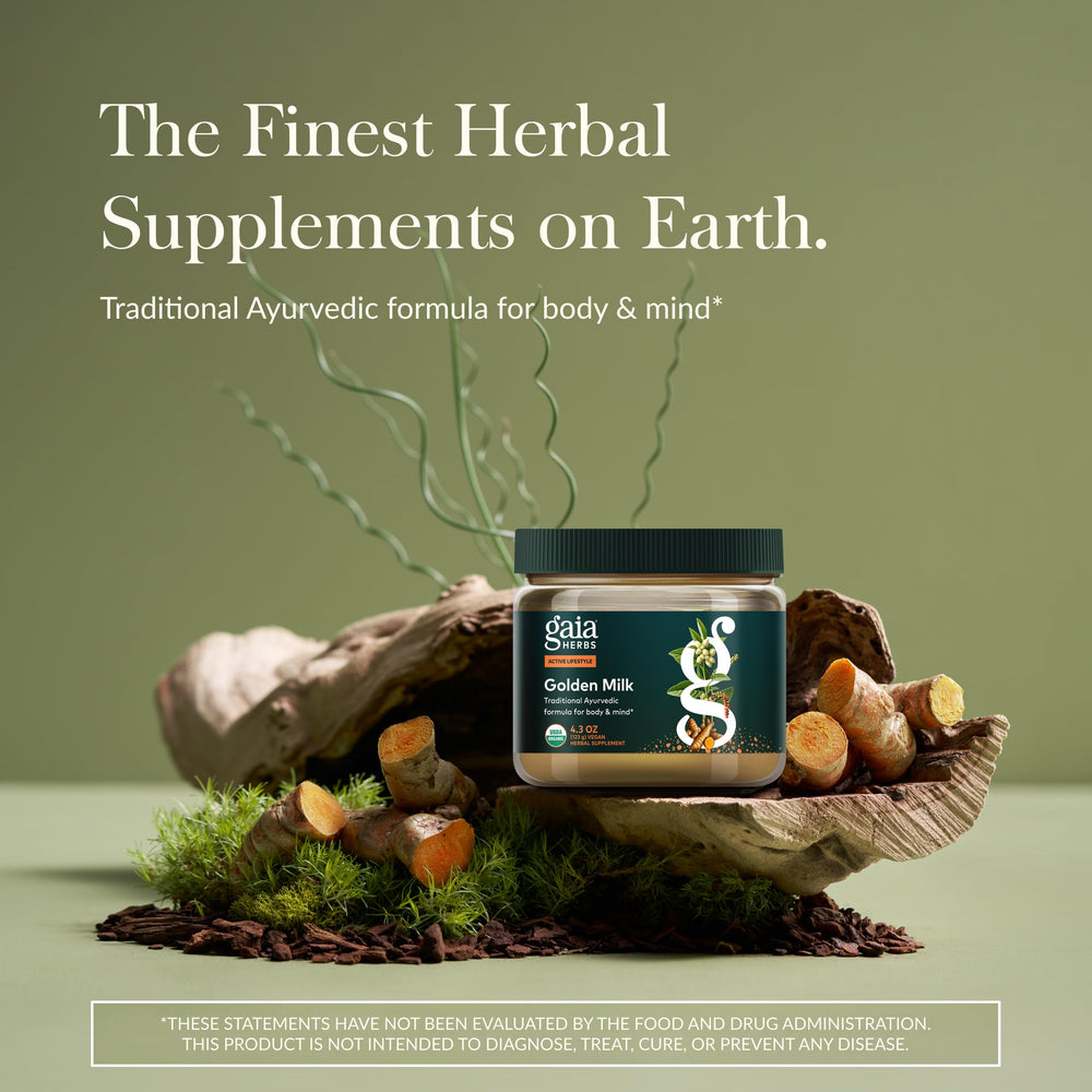 Polvo dorado de Gaia Herbs con textura fina para mezclar fácilmente