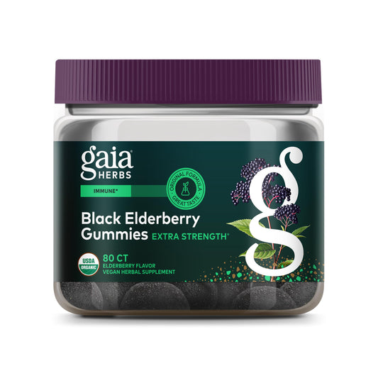 Gaia Herbs frasco frontal de gomitas Elderberry mostrando etiqueta y beneficio orgánico