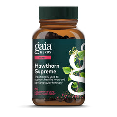 Gaia Herbs frasco frontal del Hawthorn Supreme mostrando etiqueta y beneficios