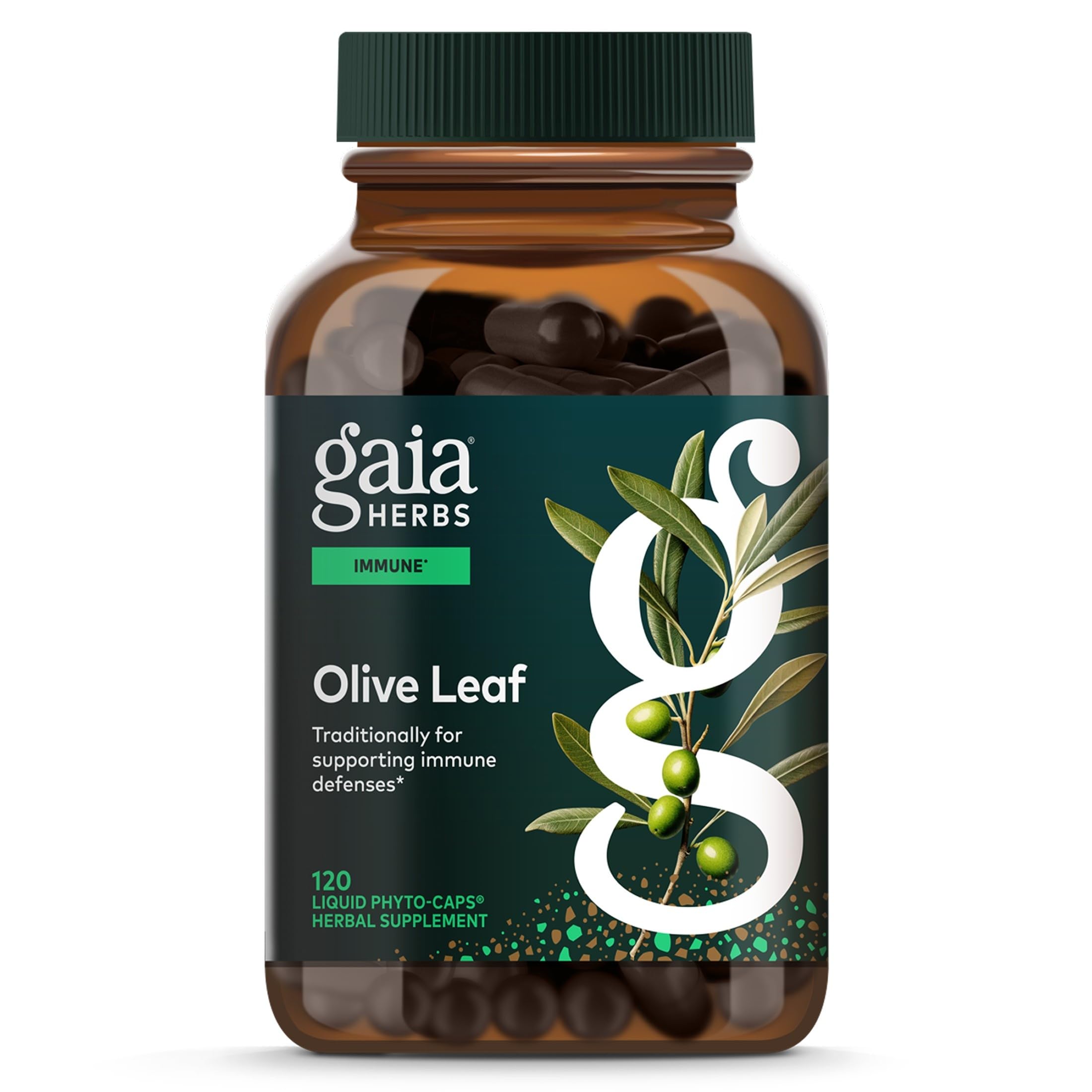 Gaia Herbs frasco frente que muestra suplemento de hoja de olivo y claridad de marca