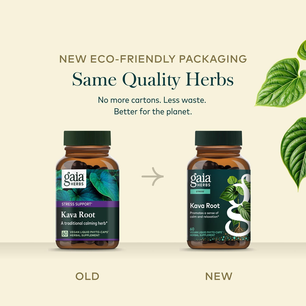 Gaia Herbs raíces y hojas de kava junto al frasco indicando origen tradicional