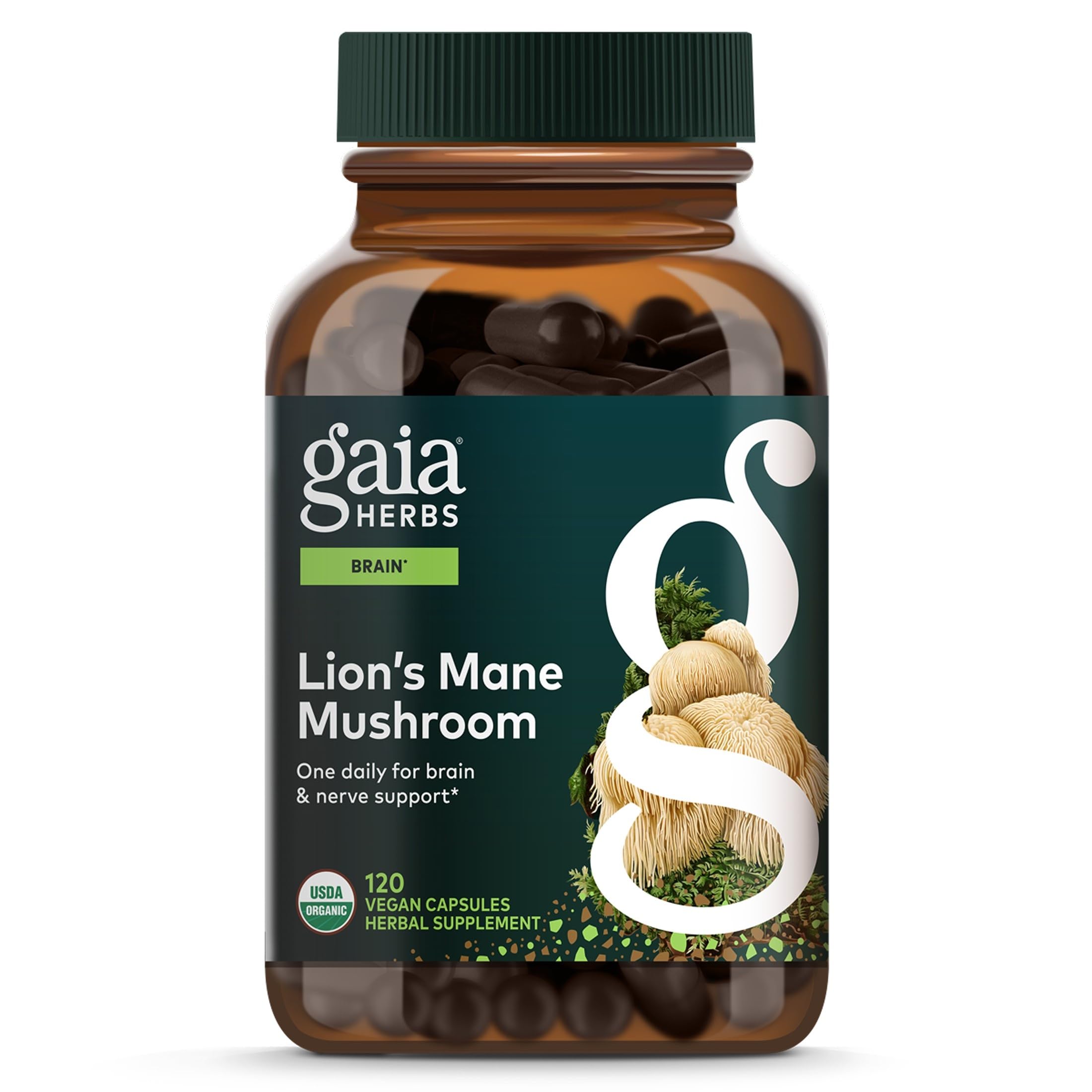 Gaia Herbs frasco frontal mostrando cápsulas y sello orgánico