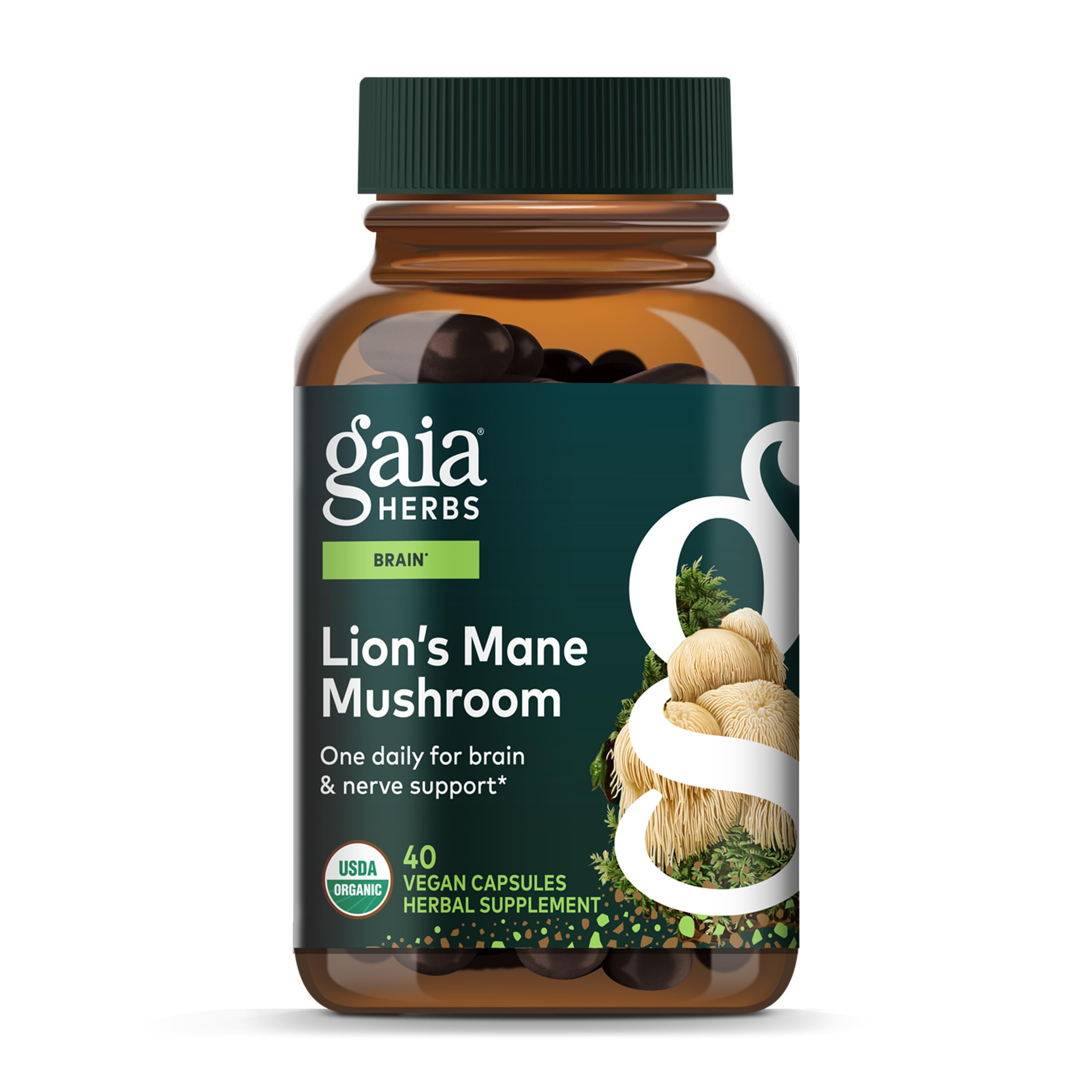 Gaia Herbs frasco frontal mostrando etiqueta clara y beneficio cerebral