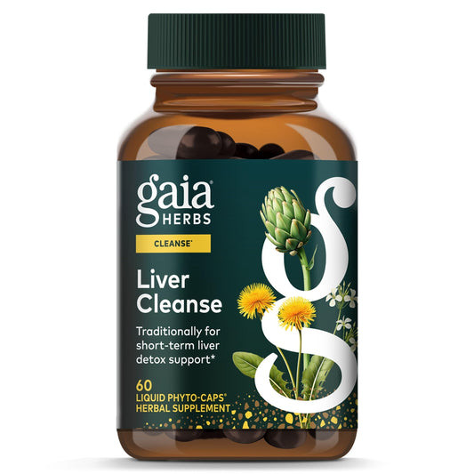 Gaia Herbs envase frontal mostrando fórmula hepática y beneficio digestivo