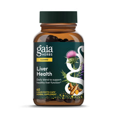 Gaia Herbs frasco frontal mostrando etiqueta y beneficio de apoyo hepático