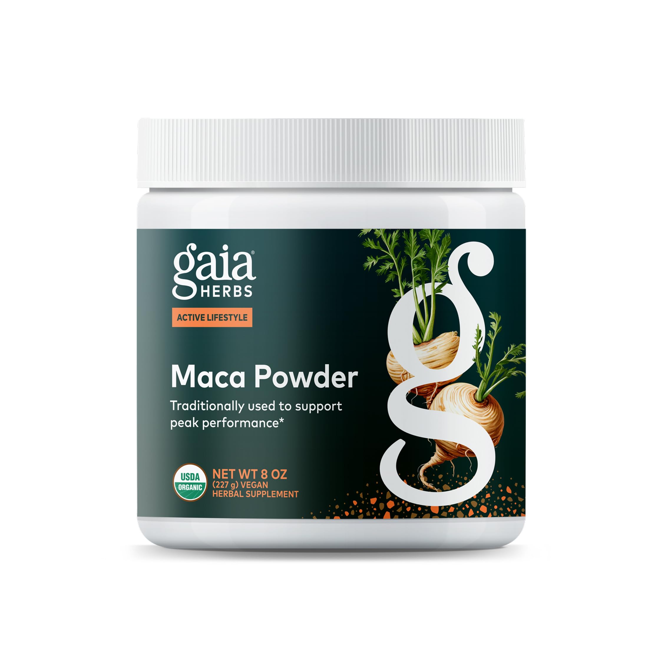 Gaia Herbs envase frontal de maca gelatinizada con información clara