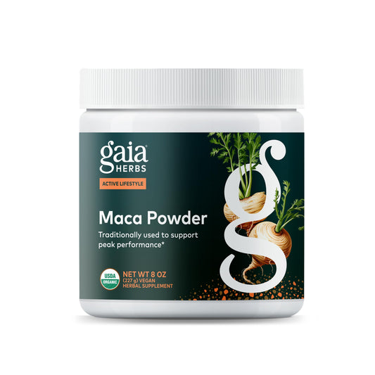 Gaia Herbs envase frontal de maca gelatinizada con información clara