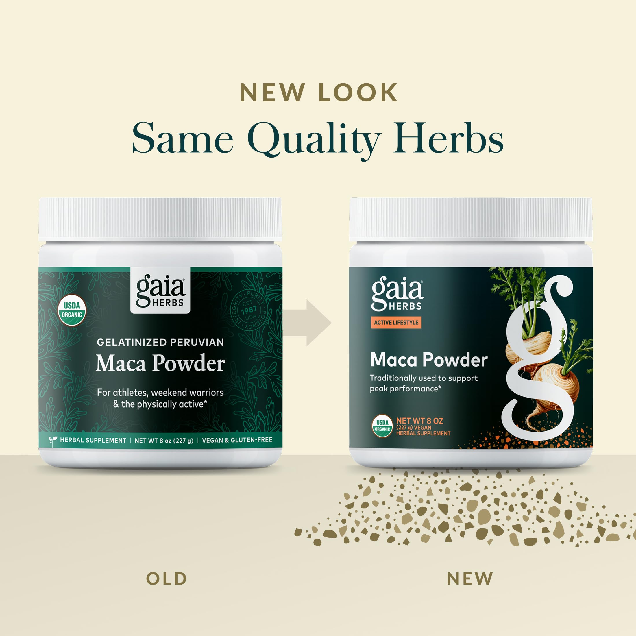 Gaia Herbs raíces de maca enteras antes del proceso gelatinizado