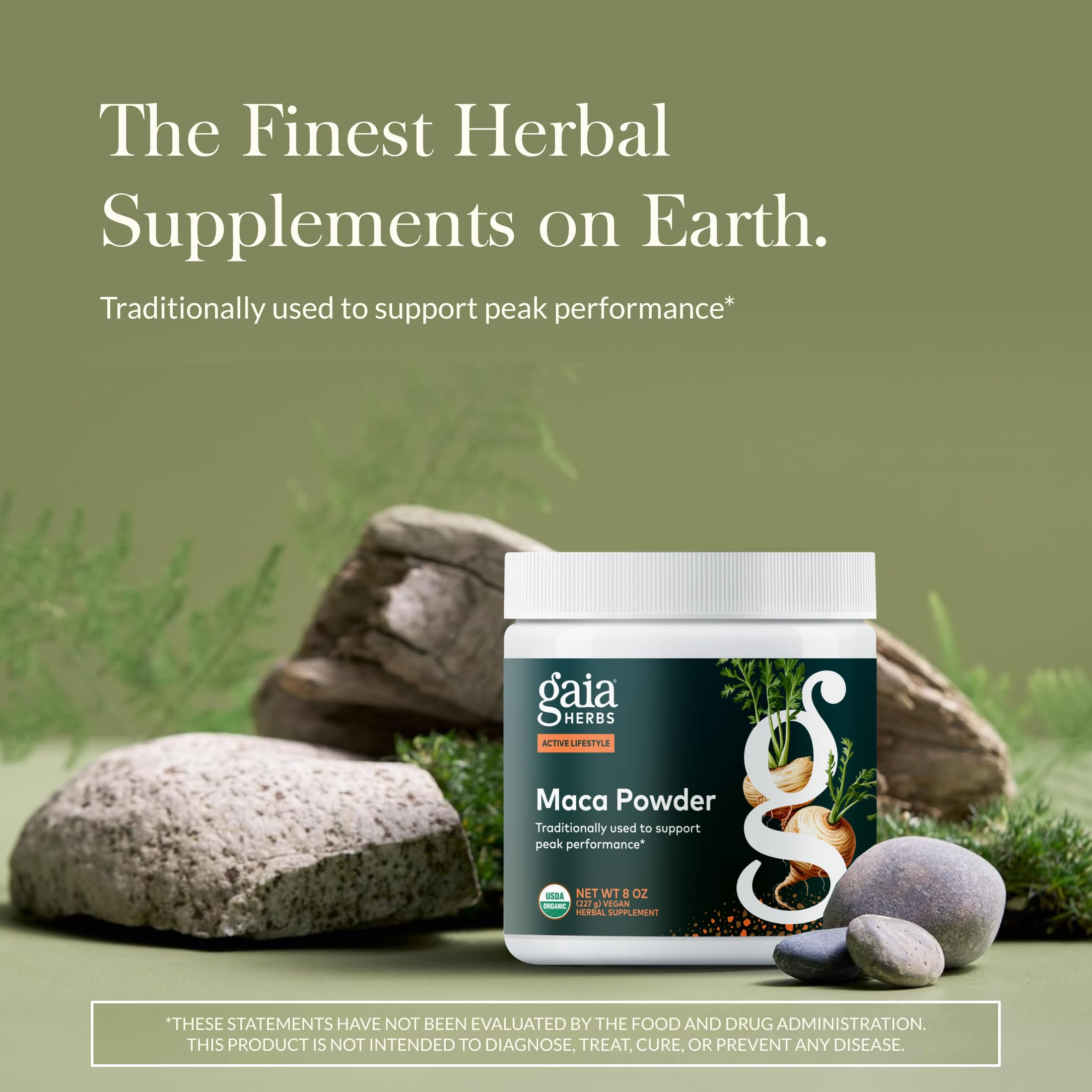 Gaia Herbs polvo de maca visto de cerca mostrando textura fácil de mezclar
