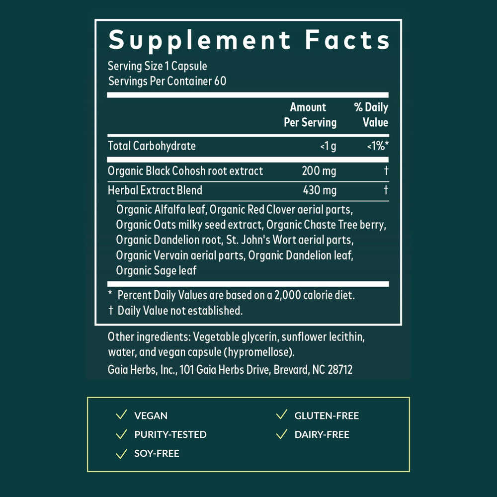 Gaia Herbs etiqueta con ingredientes botánicos y trazabilidad clara