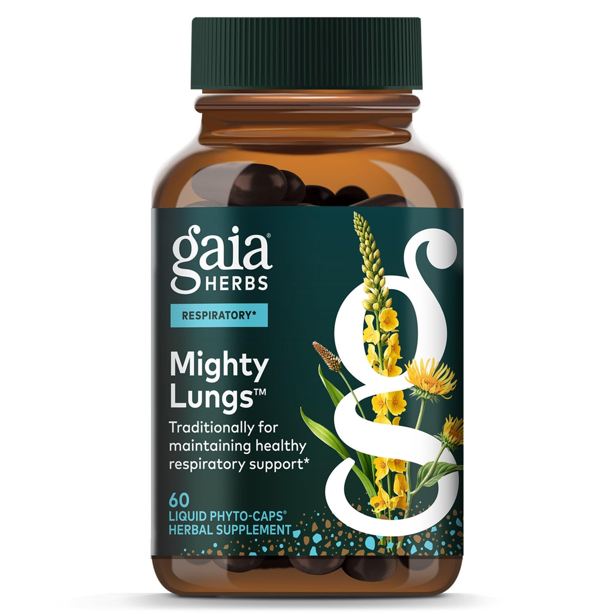 Gaia Herbs frasco frontal mostrando Mighty Lungs y beneficios claros