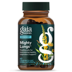 Gaia Herbs frasco frontal mostrando Mighty Lungs y beneficios claros