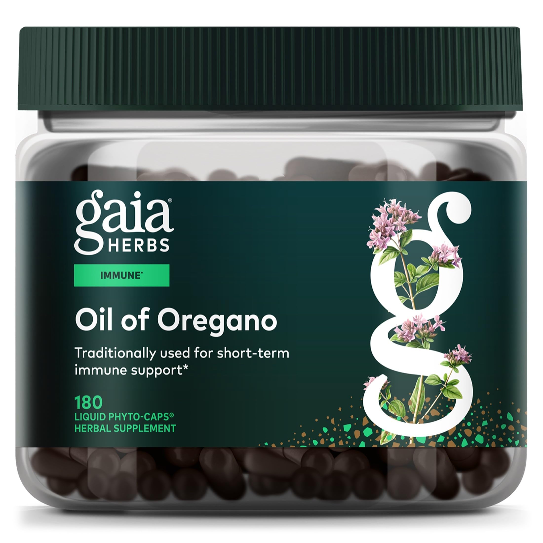 Gaia Herbs frasco frontal mostrando 180 cápsulas veganas y etiqueta clara