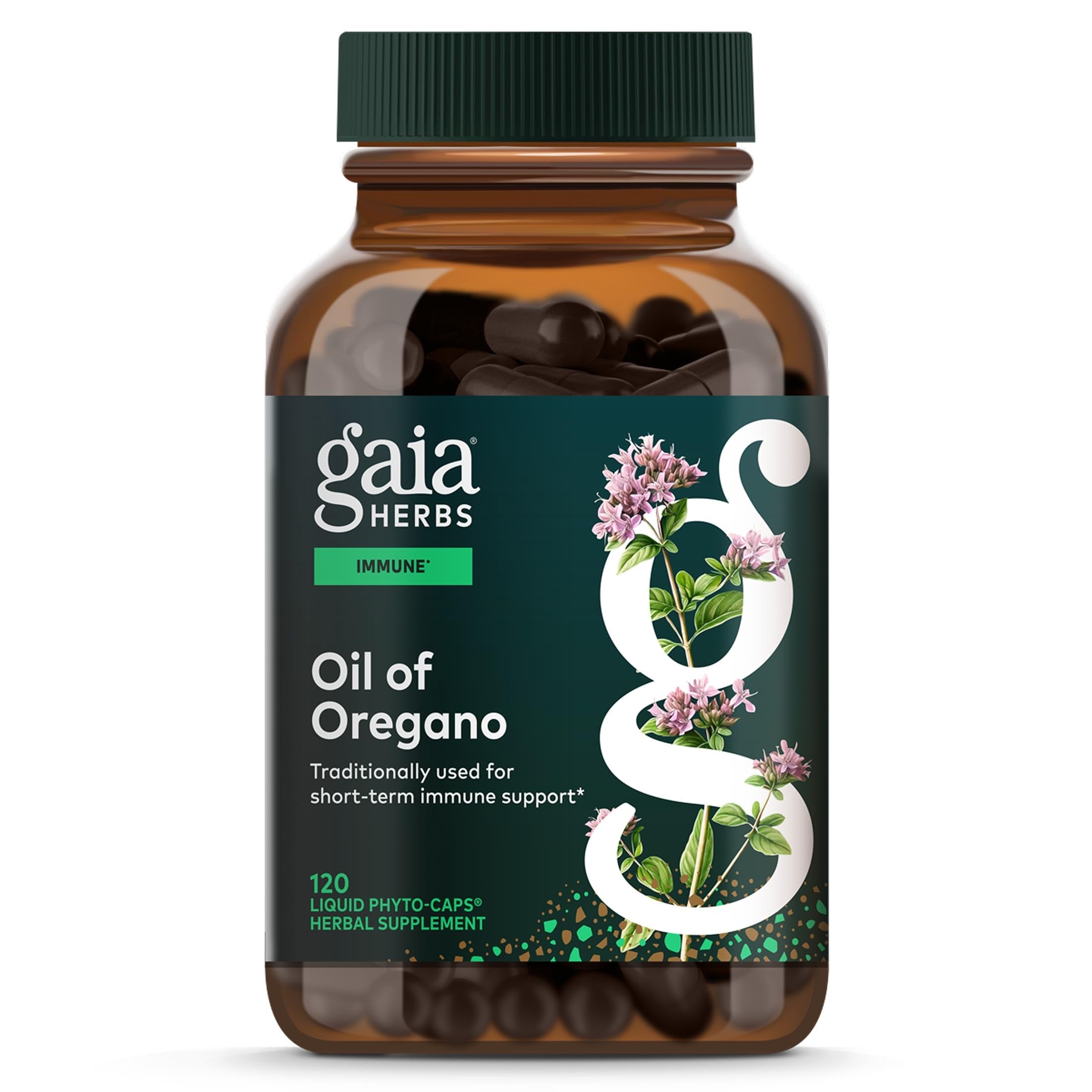 Gaia Herbs frasco frontal mostrando cápsulas y beneficios de pureza