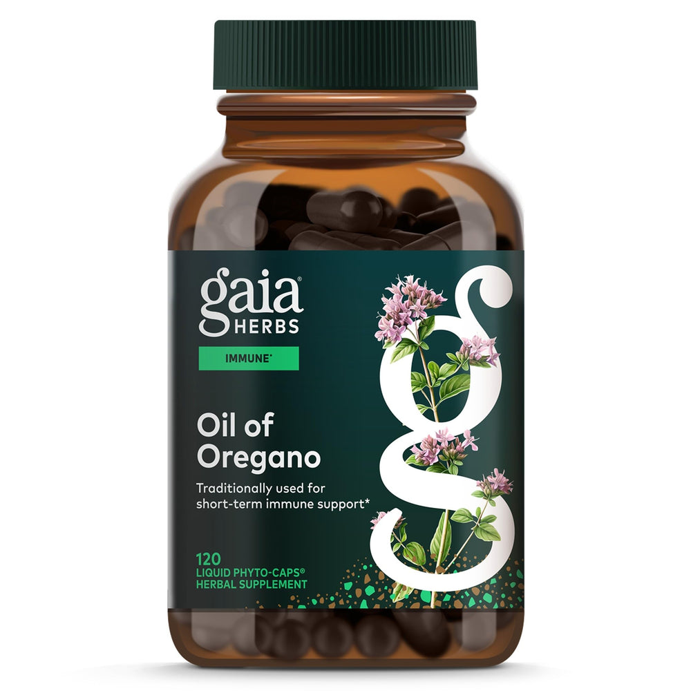 Gaia Herbs frasco frontal mostrando cápsulas y beneficios de pureza